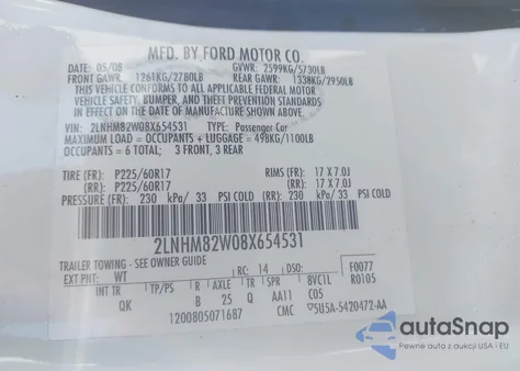 2008 Lincoln Town Car Signature Limited z USA, uszkodzony, nr VIN 2LNHM82W08X654531